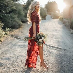 Elegant Burgundy Lace Maxi Dress with Sheer Overlay